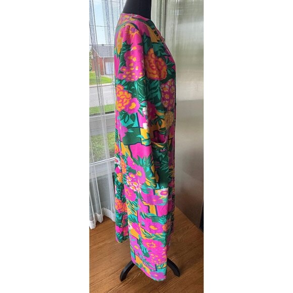 Vintage 1980s robe, teal, hot pink, yellow, green, bold floral geometric fleece - Picture 5 of 10
